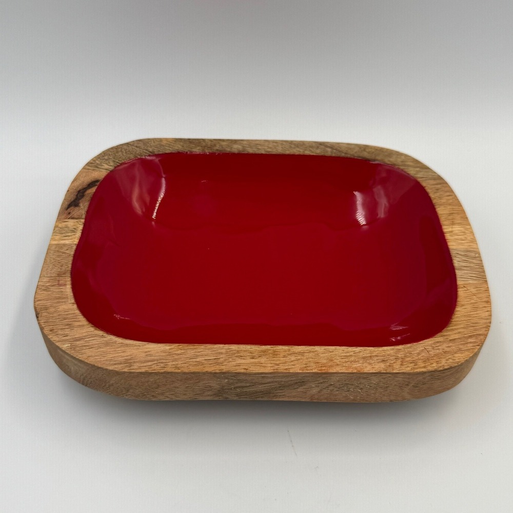 Natural Wood Serving Bowl with Red Enamel Interior Rectangular Decorative Dish